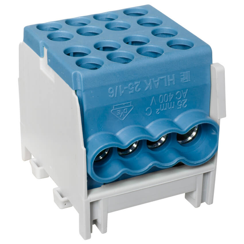Hauptleitungs-Abzweigklemme, 1-polig, 2 Eingänge 25 mm², 6 Ausgänge 16 mm², verzinnt, blau