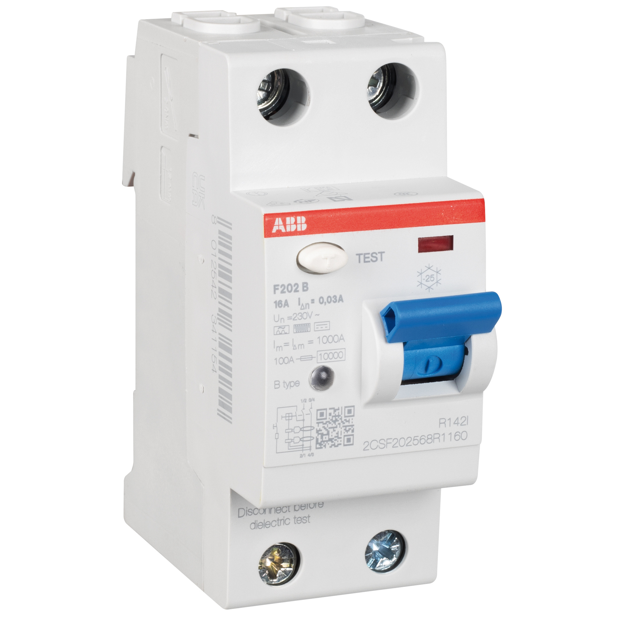 allstromsensitiver FI-Schutzschalter, F202B, 2-polig, 16A/0,03, Typ B, 2 TE