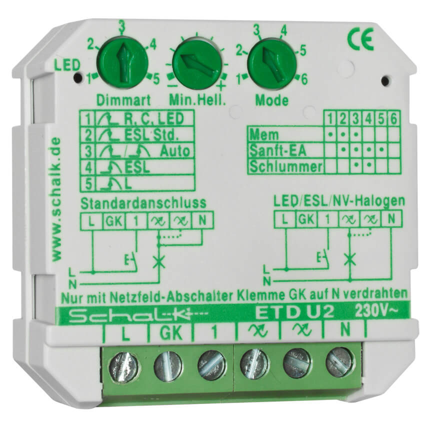 Einbau-Tastdimmer, ETD U2, 0-500W oder LED 0-400W, Phasenan- und abschnitt