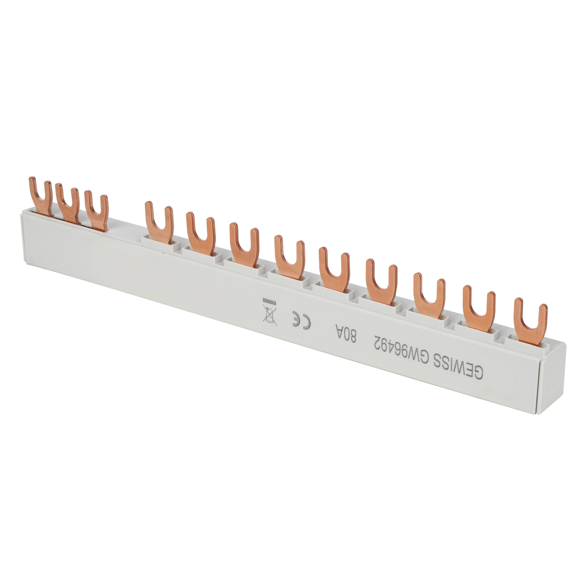 Gabel-Phasenschiene, 10 mm², 3-polig, L-Form, für 1 FI (3TE) N rechts und 9 LS-Schalter