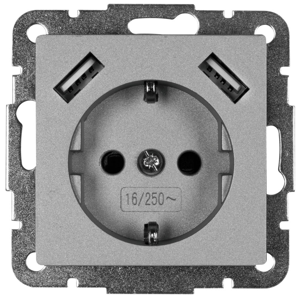KLEIN - Kombi-Steckdose, 2 x USB-A, Gesamtleistung max. 3,5A, Zentralplatte 55 x 55, Alu, silber mat