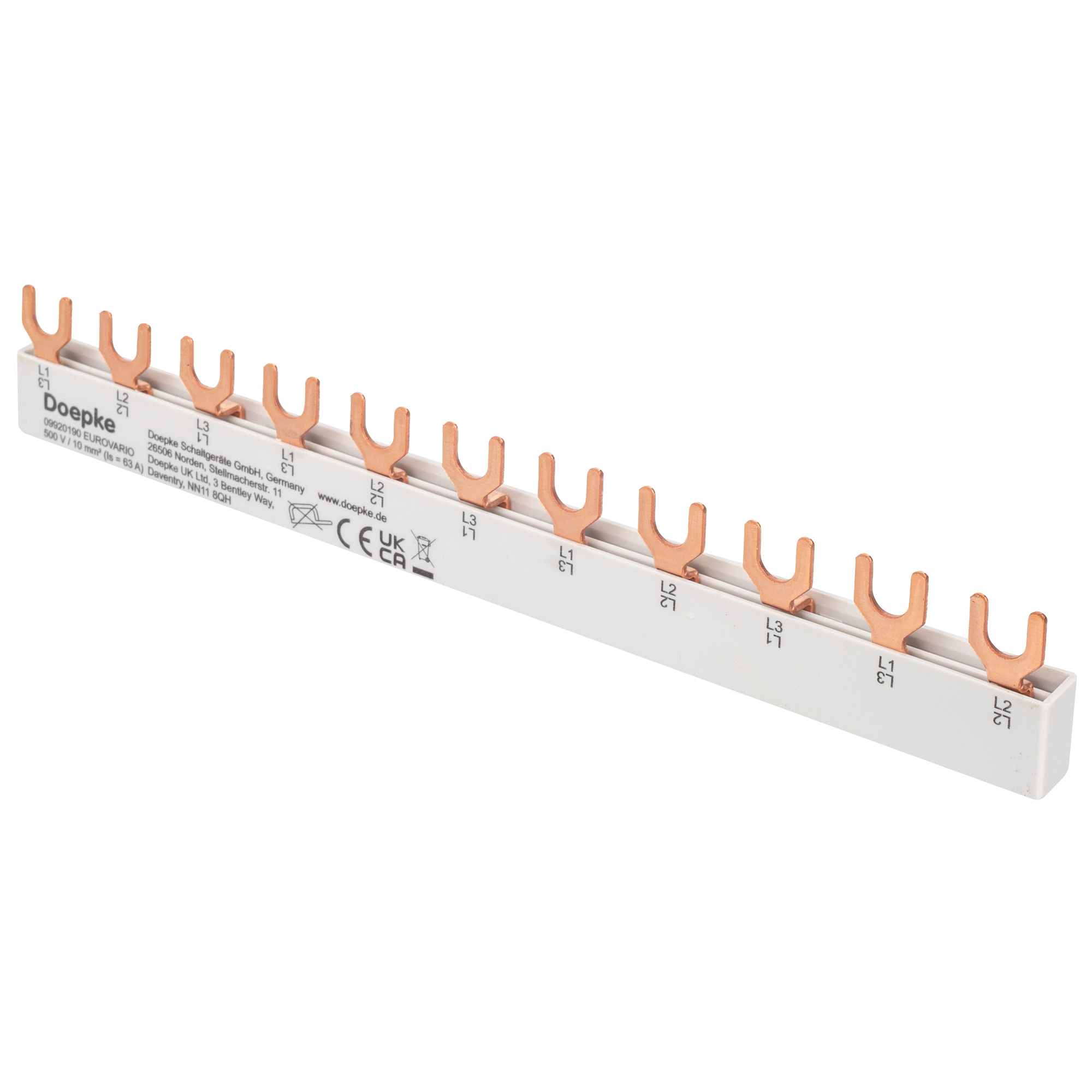 Gabel-Phasenschiene, Eurovario, 10mm², 3 polig, L-Form, für 11 LS-Schalter