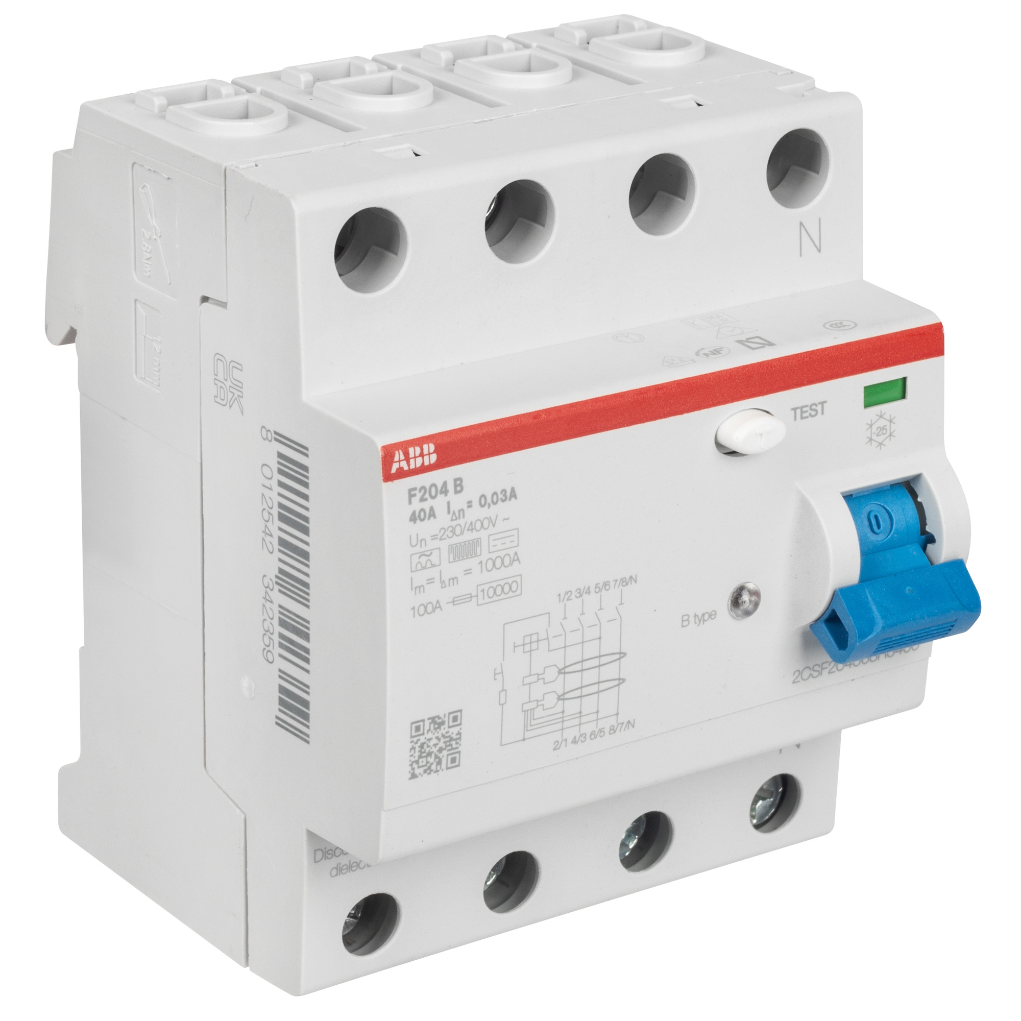 allstromsensitiver FI-Schutzschalter, F 204 B, 4-polig, Typ B, 4 TE, 40A/0,03