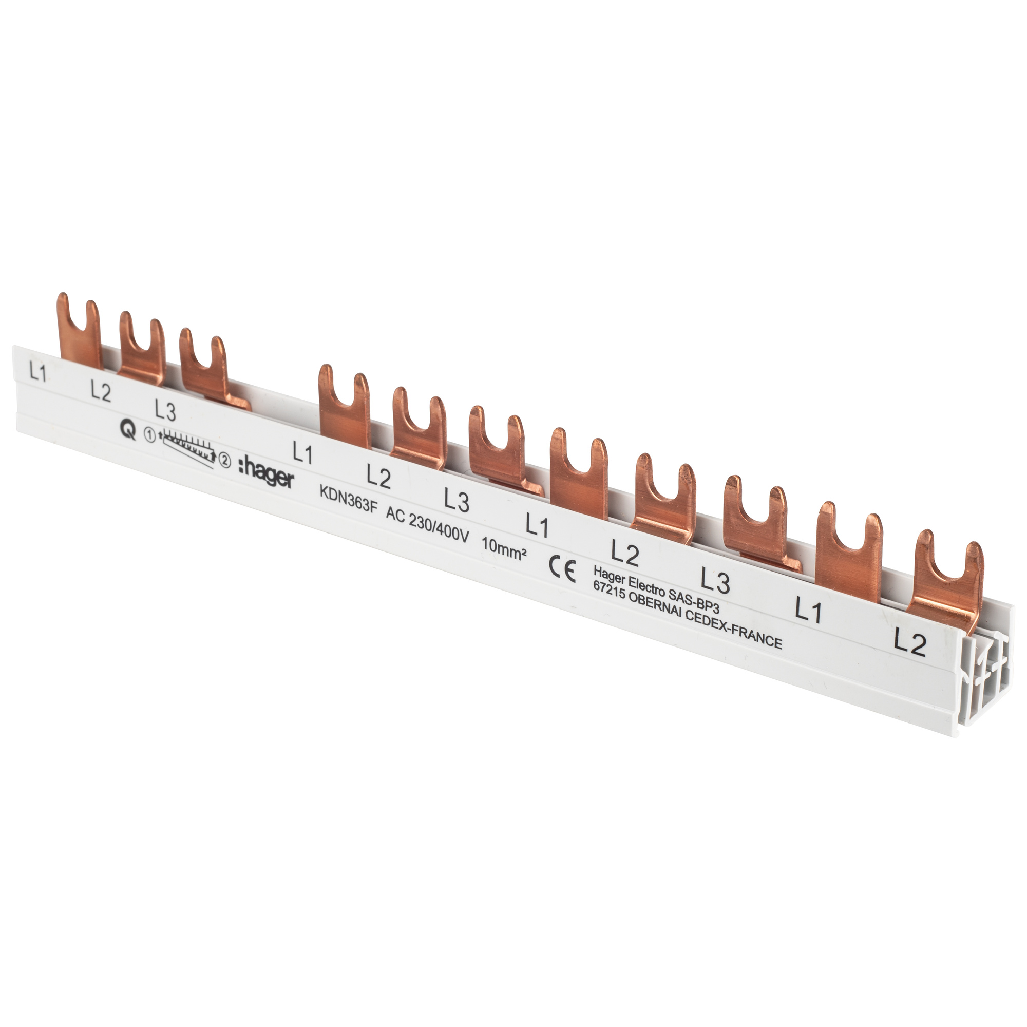 Gabel-Phasenschiene, 10mm², 3 polig, L-Form, für 1 FI 4-polig N rechts und 8 LS-Schalter