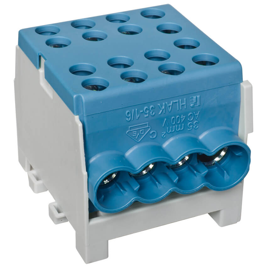 Hauptleitungs-Abzweigklemme, 1-polig, 2 Eingänge 35 mm², 6 Ausgänge 25 mm², verzinnt, blau