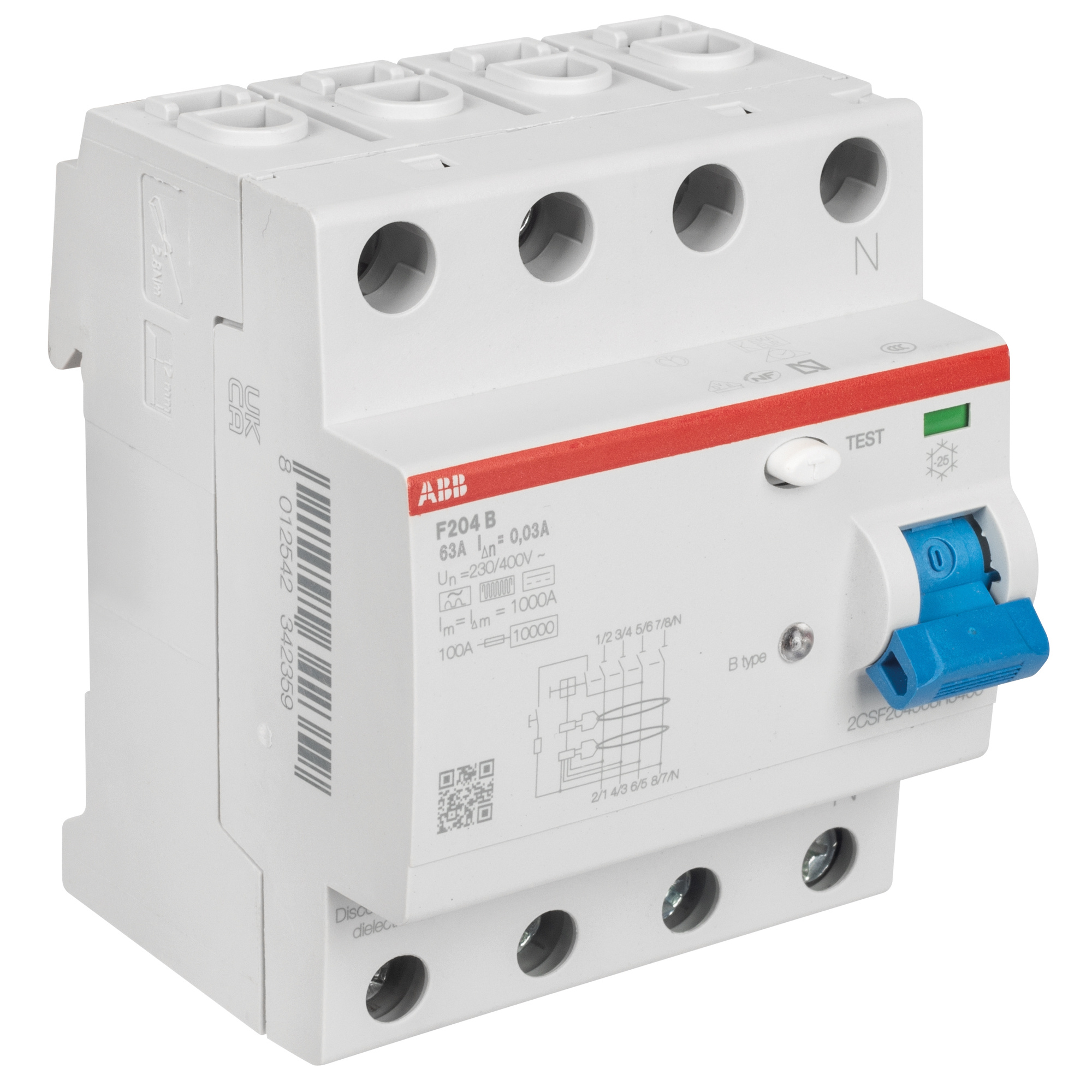 allstromsensitiver FI-Schutzschalter, F 204 B, 4-polig, Typ B, 4 TE, 63A/0,03