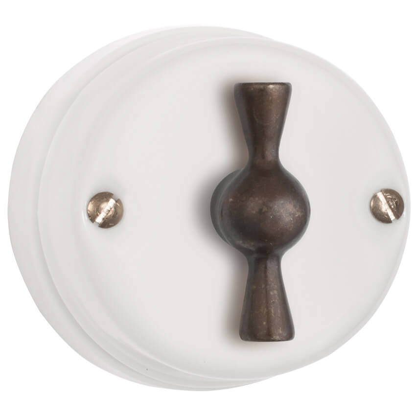 Butterfly-Drehschalter Taster, 2 Kabeleinführungen, Drehknopf Messing bronze, Atlantis Porzellan wei