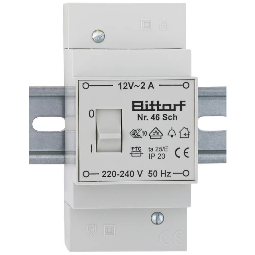 AP-Klingeltrafo, auch für Reiheneinbau, mit Schalter, primär 220-240V, sekundär 12V/2A