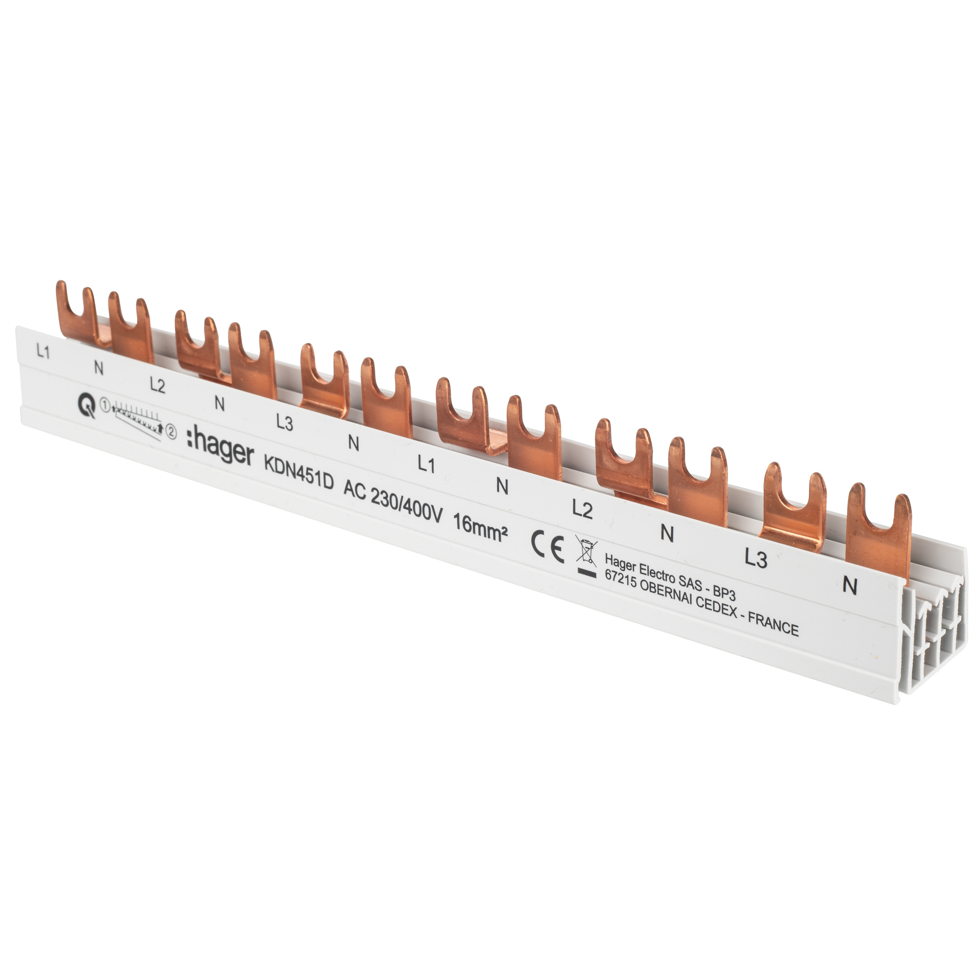 Gabel-Phasenschiene, 16mm², 3-polig +N, T-Form, für 6 x 2 polige FI oder FI/LS+N