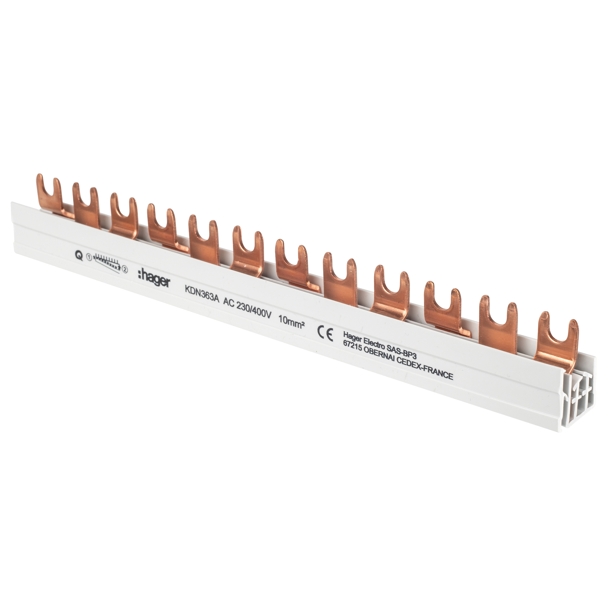 Gabel-Phasenschiene FI+LS, 10mm², 3 polig, L-Form, für 12 LS-Schalter